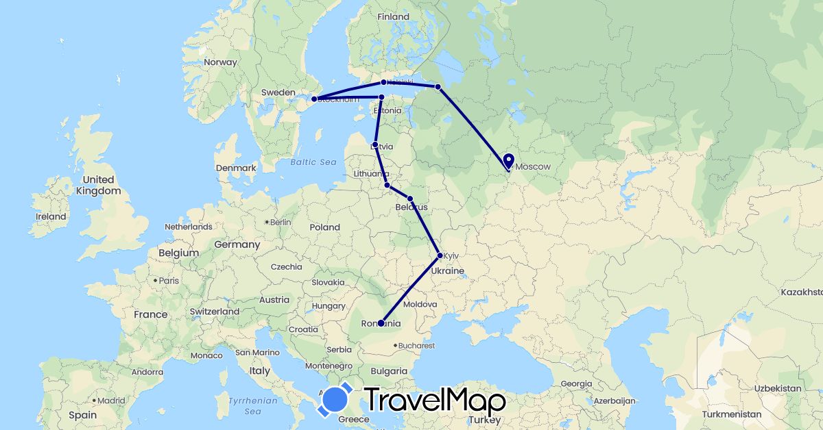 TravelMap itinerary: driving in Belarus, Estonia, Finland, Lithuania, Latvia, Romania, Russia, Sweden, Ukraine (Europe)