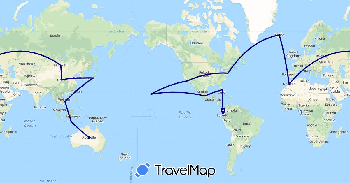 TravelMap itinerary: driving in Australia, China, Ecuador, Indonesia, Iceland, Japan, South Korea, Morocco, Mongolia, Mexico, United States, Vietnam (Africa, Asia, Europe, North America, Oceania, South America)