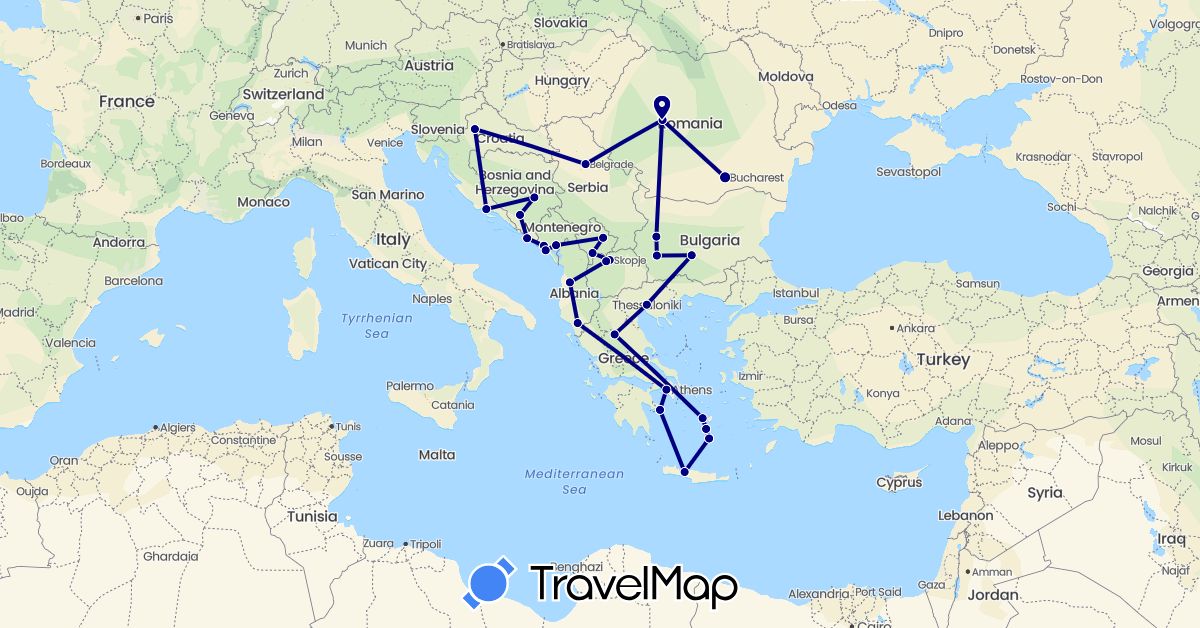 TravelMap itinerary: driving in Albania, Bosnia and Herzegovina, Bulgaria, Greece, Croatia, Montenegro, Macedonia, Romania, Serbia, Kosovo (Europe)